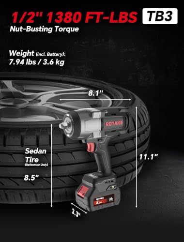 ROTAKE 20V Heavy-Duty 1/2" Cordless Impact Wrench Kit, 1380 FT-LBS, TB3 - size: 1/2" (1380 ft-lbs) TB3
