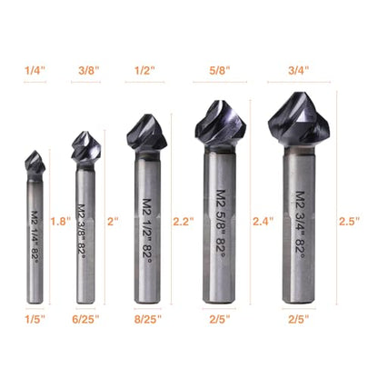 1/4"-3/4" M2 HSS Countersink Drill Bit Set 5 Pcs - size: Countersink Set (5 PCS)