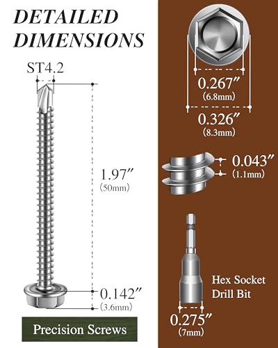 50PCS #8 x 2 Self Drilling Screws, Self Tapping Screws for Metal, 410 Stainless Steel Hex Washer Head Sheet Metal Screw, Bright Finish with 7mm Hex Socket - color: Silver, size: #8 x 2"