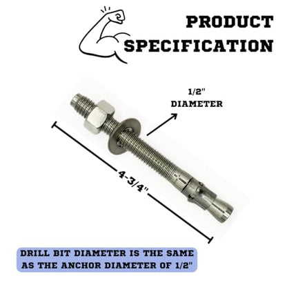 MIGHTY FASTENERS 316 SS Wedge Anchors 1/2"-13 x 4-3/4", 10 Pack - size: 1/2"-13 X 4-3/4"