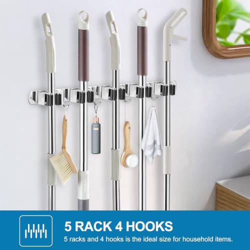 IMILLET 2 Pack Broom Holder Wall Mount Stainless Steel Mop Organizer - color: Stainless Steel - 5 Racks with 4 Hooks, size: 2 Pack