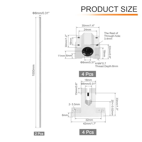 uxcell 2 Pcs 8mm x 1000mm Linear Motion Rail Shaft Slide Guide with 4 Pcs SCS8UU Bearings and 4 Pcs SK8 Rail Support Linear Motion Rod Shaft Guide Set for CNC Machine 3D Printer, Silver - size: 1000mm