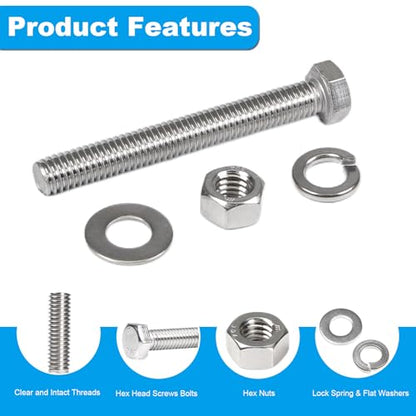 MroMax 6 Sets 3/8-16 x 2-1/2" Hex Head Screw Bolt, Nuts, Flat Washer & Spring Lock Washers Kits,Fully Threaded, Stainless Steel 18-8（304）, Bright Finish - size: 3/8-16 x 2-1/2" (6 Sets)