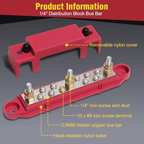 Mofeez Bus Bar 3 x 1/4” Post 10 x #8 Screw Terminal Power Distribution Block for Car Boat Marine (Red & Black) - size: 3 x 1/4"