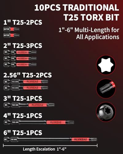 10-PCS T25 Torx Bits for Impact Driver 1 to 6-in Long T 25 Bit Set - style: 10-PCS T25 Torx Bits 1'' to 6'' Long, T-25 Torx Bit Set Premium Solid S2 Steel