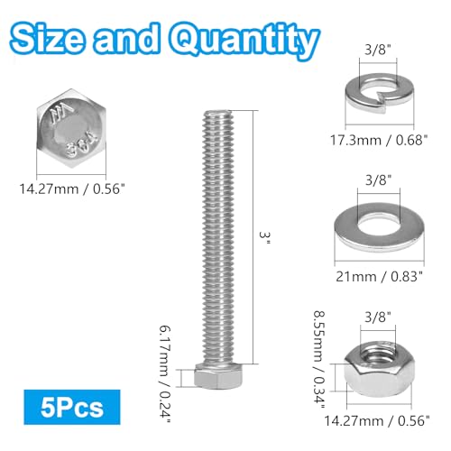 MroMax 5 Sets 3/8-16 x 3 Hex Head Screw Bolt, Nuts, Flat Washer & Spring Lock Washers Kits,Fully Threaded, Stainless Steel 18-8（304）, Bright Finish - size: 3/8-16 × 3" (5 Sets)