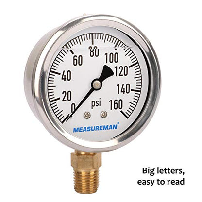 MEASUREMAN 2-1/2" Dial Size, Glycerin Filled Plumbing Pressure Gauge, 0-160psi, Stainless Steel Case, 1/4" NPT Lower Mount - size: 0-160 psi, style: Lower Mount