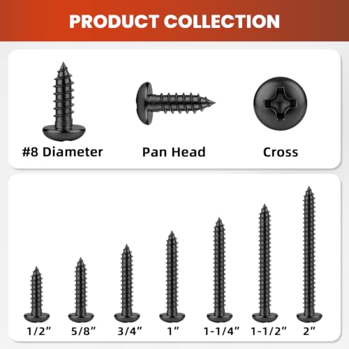 Mellewell #8 x 2 Pan Head Self Tapping Screw, Pan Head Sheet Metal Screws Wood Screws, Black Finish Stainless Steel 304 (18-8), 50 Pack - color: Black, size: #8 x 2"