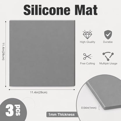 3 Pack Silicone Rubber Sheeting, 11.5" x 11.5" x 1/24" Thick, Flexible Heat Resistant Silicone Gasket Sheet, 60A Durometer for Seals, Pads, Insulation, DIY Craft Projects - color: Grey