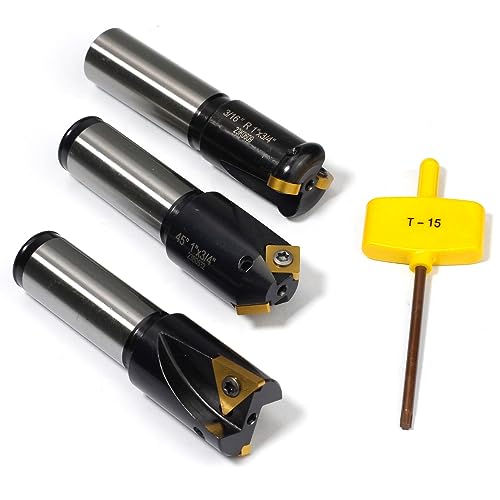 3 Pcs Little Hogger End Mill Set, 45 Degree, 90 Degree and 3/16r Mill with 3/4" Shank, 1" Head, with 3 Carbide Inserts SNHQ322, RNHQ32, TNGQ322