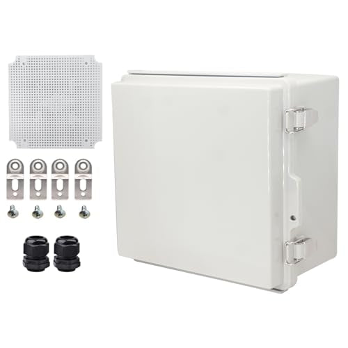 Waterproof Electrical Box with Mounting Plate, IP67 Junction Box Stainless Steel Latch Hinged Grey Cover Project Enclosure with Wall Bracket and 2 Glands 8.3" x 8.3" x 3.9" - color: Grey, size: 8.3" x 8.3" x 3.9"