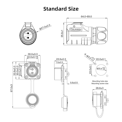 CNLINKO LP20 Series Waterproof Connector, IP68 Fast Locking Connect, 20A 500V 2pin m20 Male and Female LED Outdoor Power Connector (2 pin) - size: 2 PIN, style: Black/4-Hole Socket