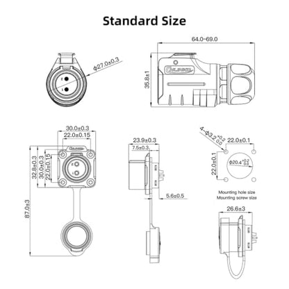 CNLINKO LP20 Series Waterproof Connector, IP68 Fast Locking Connect, 20A 500V 2pin m20 Male and Female LED Outdoor Power Connector (2 pin) - size: 2 PIN, style: Black/4-Hole Socket