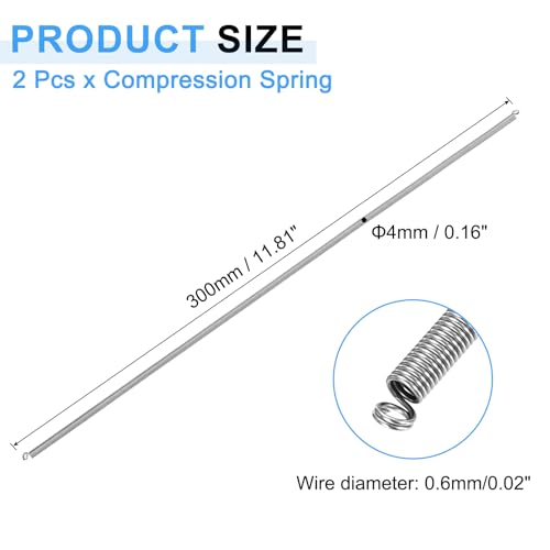 uxcell 2Pcs Extension Springs, 0.6x4x300mm/0.02x0.16x11.81in 304 Stainless Steel Extended Compression Spring Steel Dual Hook Tension Springs for Machinery Construction Home Repairs - size: 0.6x4x300mm