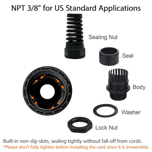 LeMotech 10Pcs NPT 3/8" IP68 Waterproof Cable Gland Flex Spiral Strain Relief Black Nylon Joint with Gaskets for 5-10mm Wire Thread - color: Black, size: NPT 3/8" (10-Pack)