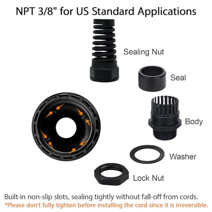 LeMotech 10Pcs NPT 3/8" IP68 Waterproof Cable Gland Flex Spiral Strain Relief Black Nylon Joint with Gaskets for 5-10mm Wire Thread - color: Black, size: NPT 3/8" (10-Pack)
