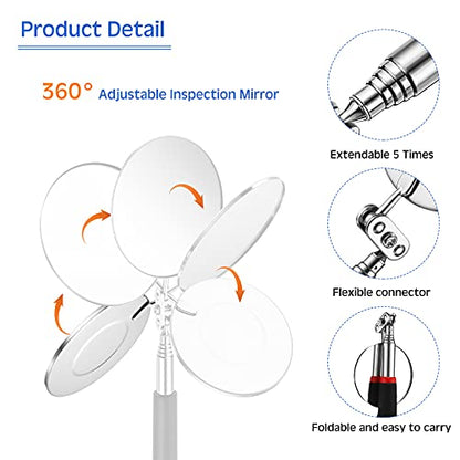Frienda 2 Pcs LED Telescoping Inspection Mirror, Flexible Round Mirror Tool