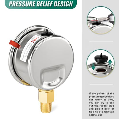 0-60Psi Stainless Steel Dry Low Pressure Gauge 1/8" NPT 2" Dual Scale Dial, Lower Mount, Waterproof for Water Oil Air Well pump, compressors, Tire Gas Pressure Test (with Range Mark Pointer) - size: 0-60Psi, style: Lower Mount(1/8"NPT)