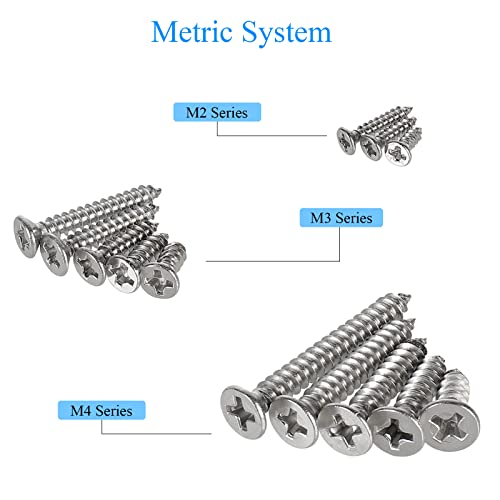525Pcs M2 M3 M4 Phillips Flat Head Self Tapping Wood Screws, 304 Stainless Steel 13 Sizes Cross Countersunk Sheet Metal Screws Assortment for Wood, Plastic and Soft Metal. Coarse Threaded, Sharp Point