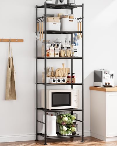 Sakugi Storage Shelves - 6-Tier Large Capacity Shelf Organizer with Hooks, Heavy-Duty Garage Shelving with Leveling Feet, Wobble-Free Rack for Bedroom, Balcony, Garage, 18.1"×12.4"×70.1", Black - color: Black, size: 18.1W×12.4D×70.1H(6T)