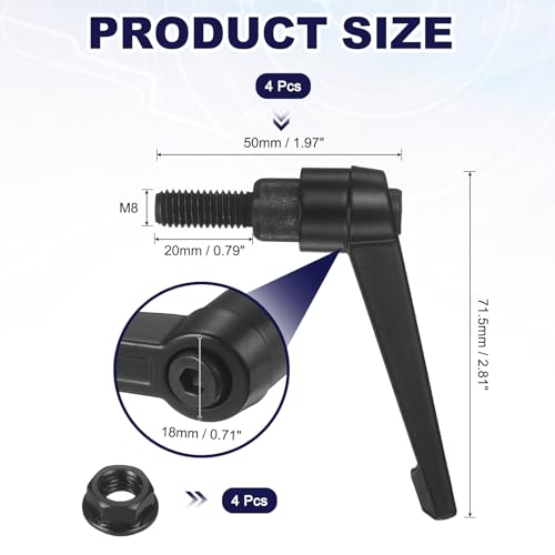 uxcell 4Pcs Adjustable Clamping Lever Handles, M8x20mm Zinc Alloy Male Thread Stud Knobs with Nuts Quick Release Bolt Rotating Screw Handles for Lathes Woodworking, Black - size: M8x20mm