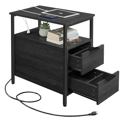 VASAGLE Side End Table with Charging Station, Slim Nightstand with Storage - color: Charcoal Gray + Ink Black, size: 23.6"D x 11.8"W