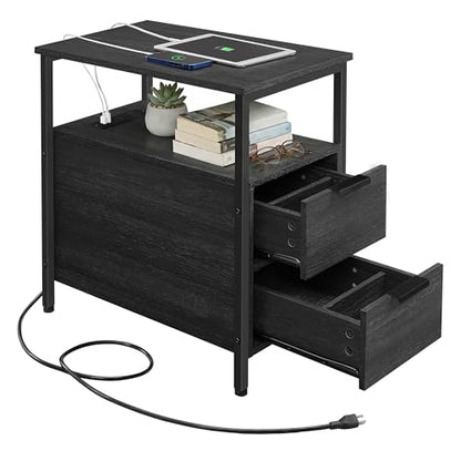 VASAGLE Side End Table with Charging Station, Slim Nightstand with Storage - color: Charcoal Gray + Ink Black, size: 23.6"D x 11.8"W
