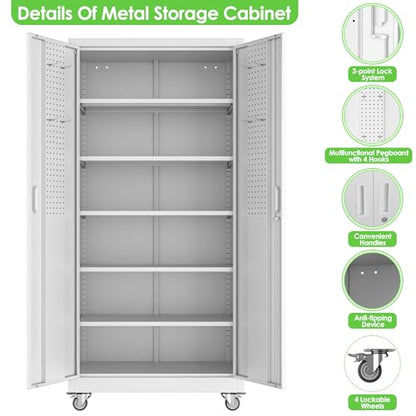 Reemoon Metal Cabinet with 5 Adjustable Shelves,casters and Door pegboard - color: White, size: 16"D x 32"W x 71"H