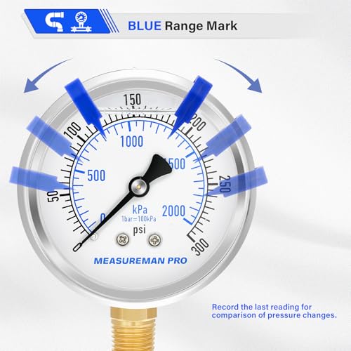 MEASUREMAN PRO 2.5'' Glycerin Filled Pressure Gauge, 0-300psi/kpa, 304 Stainless Steel Case, 1/4" NPT Lower Mount,for Regulator, Air Compressor, Water System, HVAC, Hydraulic Test - size: 2.5'' (Lower Mount), style: 0-300 psi