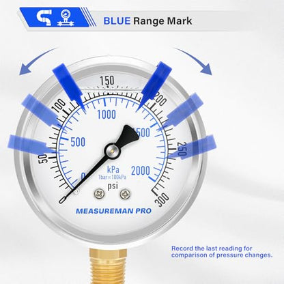 MEASUREMAN PRO 2.5'' Glycerin Filled Pressure Gauge, 0-300psi/kpa, 304 Stainless Steel Case, 1/4" NPT Lower Mount,for Regulator, Air Compressor, Water System, HVAC, Hydraulic Test - size: 2.5'' (Lower Mount), style: 0-300 psi