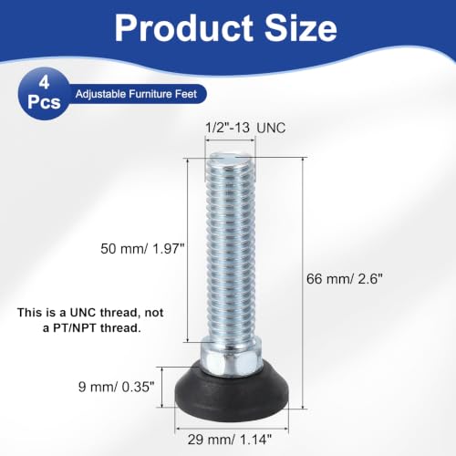 uxcell 1/2"-13 Thread Furniture Feet Levelers, 4Pcs, 50mm, Black - size: 1/2"-13 50mm