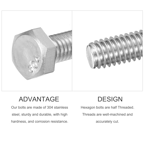 METALLIXITY Hex Head Bolts (1/2-20 x 2) 6Pcs, 304 Stainless Steel 18-8 Fully Threaded, External Hex Drive, Plain Finish, Hex Head Screw Bolt, Silver - size: 1/2-20x2"