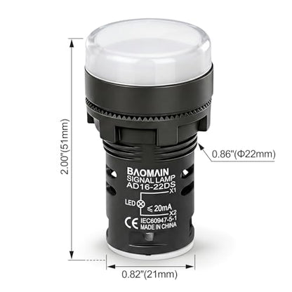 BAOMAIN 22mm LED Industrial Indicator Light,220V AC Pilot Signal Lamp for Industrial Machinery Control Circuits,7/8" Panel Mount, Screw Terminal,White,5-Pack - color: White