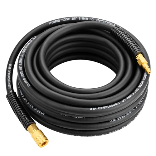 Hybrid Air Hose, 3/8-Inch by 50 Feet Air compressor Hose,Heavy Duty, Lightweight, Kink Resistant, All-Weather Flexibility with 1/4" Industrial Quick Coupler Fittings, Bend Restrictors,300PSI,Black - size: 50FT