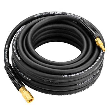 Hybrid Air Hose, 3/8-Inch by 50 Feet Air compressor Hose,Heavy Duty, Lightweight, Kink Resistant, All-Weather Flexibility with 1/4" Industrial Quick Coupler Fittings, Bend Restrictors,300PSI,Black - size: 50FT