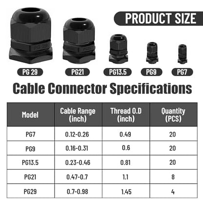 Cable Glands 72 pcs Cable Gland Waterproof joints, Adjustable Black 3-24mm Waterproof Cable Connectors PG7 1/4" 1/2" 3/4" 1" NPT Plastic 4 cable glands and Gaskets in PP Box