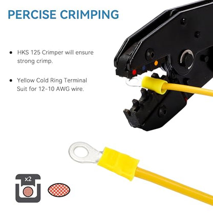 HKS 60PCS Insulated Ring Terminal 1/4" Yellow 12-10 AWG - M6 - Tinned Red Copper - Electrical Wire Connector Kit Crimp PVC - color: Yellow, size: 1/4"(M6)