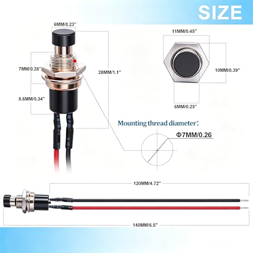 Twidec/4Pcs Latching Push Button Switch 3A 250V AC 2 Pins Self-Locking SPST ON/Off Black Mini Switch Pre-soldered Wires L-PBS-110-XBK - color: Black-7mm, size: Latching