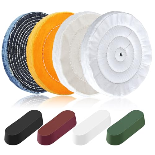 8PCS 8 Inch Buffing & Polishing Wheel Kit for Bench Grinder, 1/2" Arbor Hole, Denim/Yellow/White/Flannel Polishing Wheels with 4 Buffing Compound Set,Polishing Rouge Bars - size: 8 Inch - 8 PCS