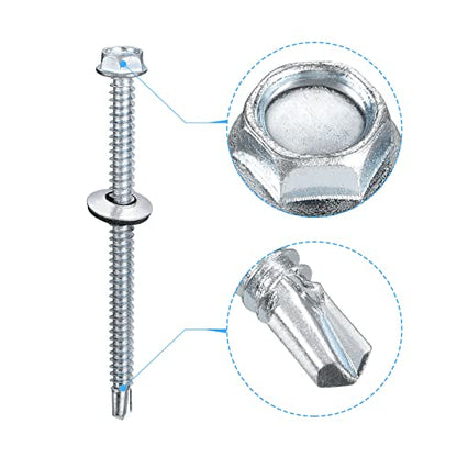 uxcell #14 x 3-9/16" Self Drilling Screws with Rubber Washer, 100pcs Zinc Plated Steel Roofing Screws Hex Head Self Tapping Screws with EPDM Washer for Metal to Metal - size: #14 x 3-9/16"