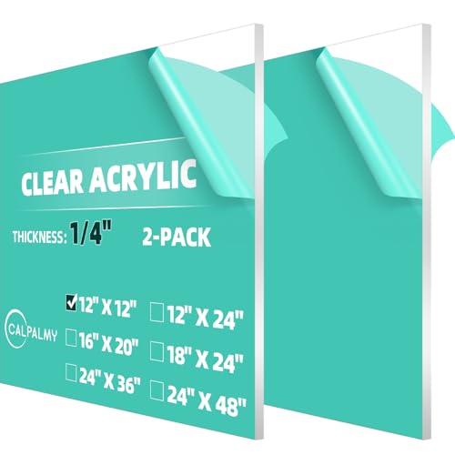 CALPALMY (2-Pack) 12 x 12 Inch Clear Acrylic Sheet Plexiglass 1/4" Thick; Use for Craft Projects, Signs, Display Cases, DIY Projects and More; Cut with Cricut, Engraver, Saw or Hand Tools – No Knives - color: Clear, size: 12x12", 1/4" Thick
