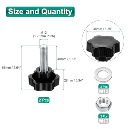 uxcell 2pcs Star Clamping Knobs with Nuts Washers, M12 x 40mm Metric Zinc Plated Carbon Steel Male Thread 48mm 6-Star Plastic Head, Threaded Stud Hand Knobs Handles Thumb Screws, Black - size: M12 x 40mm