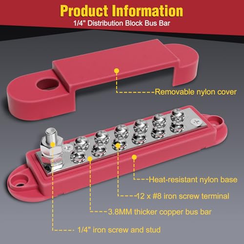 Mofeez Bus Bar Power Distribution Block 48V 150A, 1 x 1/4 Posts, 12 x #8 Screws Terminals Marine Bus Bar for Marine, Automotive, and Solar Wiring - size: 1 x 1/4"