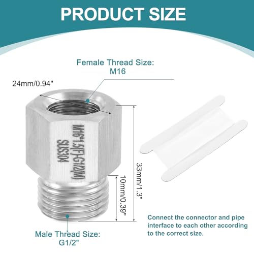 uxcell Pipe Fitting Reducing Adapter, G1/2" Male x M16 Female 304 Stainless Steel Reducer Connector for Water Oil Air Pressure Gauge, Silver - size: G1/2" x M16