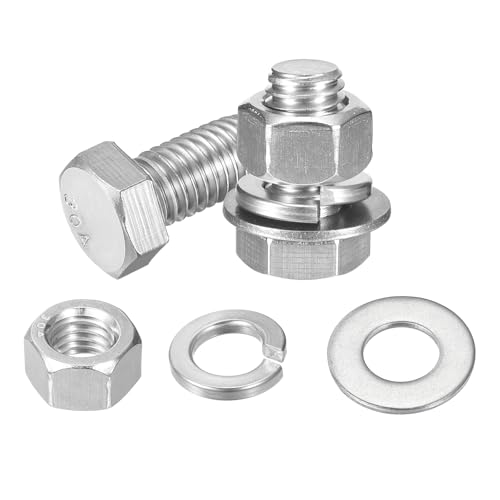 uxcell 20Set Hex Head Screw Bolt, 1/2-13 x 1 304 Stainless Steel Fully Threaded Screw Bolt with Nuts, Flat & Lock Washers, Silver - size: 1/2-13 x 1"