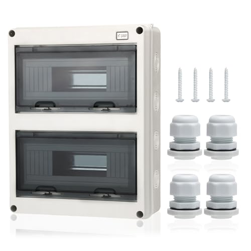 24 Way Distribution Protection Box,ABS/PC Alloy Plastic Transparent Cover Circuit Breaker Box IP66 Waterproof Distribution Box with DIN Rail and Waterproof Connector - size: HT-24