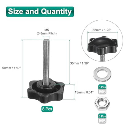 uxcell 8pcs Star Clamping Knobs with Nuts Washers, M5 x 35mm Metric 304 Stainless Steel Male Thread 32mm 6-Star Plastic Head, Threaded Stud Hand Knobs Handles Thumb Screws, Black - size: M5 x 35mm