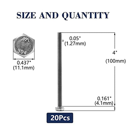 1/4-20 x 4 Hex Head Screw Bolt, 20Pcs 18-8 (304) Stainless Steel, Fully Threaded, Plain Finish, by SG TZH - size: 1/4-20 x 4"