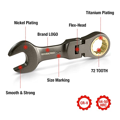 WORKPRO 8 Piece Flex Head Stubby Ratcheting Wrench Set, SAE 5/16-3/4 in - size: SAE, style: Nickel-plated