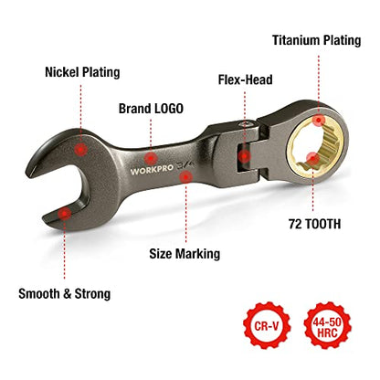 WORKPRO 8 Piece Flex Head Stubby Ratcheting Wrench Set, SAE 5/16-3/4 in - size: SAE, style: Nickel-plated